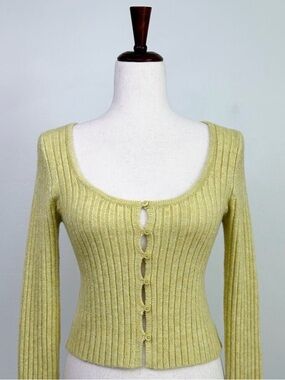 American Eagle Rib Knit Yellow Scoop Neck Cropped Long Sleeve Cardigan SMALL